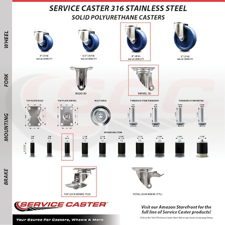 Service Caster 4 Inch 316SS Solid Poly Swivel 1 Inch Expanding Stem Caster Brake SCC, 2PK SCC-SS316EX20S414-SPUS-2-TLB-2-1